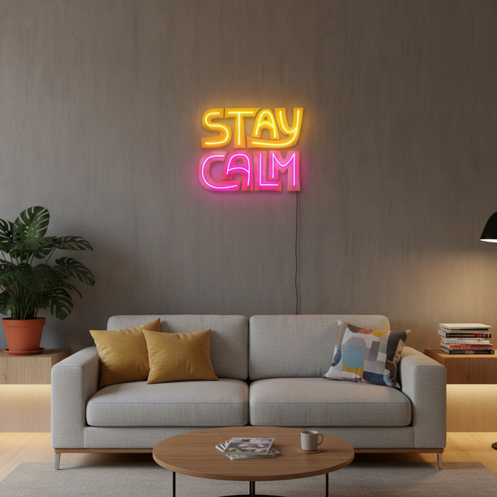 Stay Calm UV Art LED Neon Sign in pink and yellow colors by LEDNeons — glowing motivational wall art