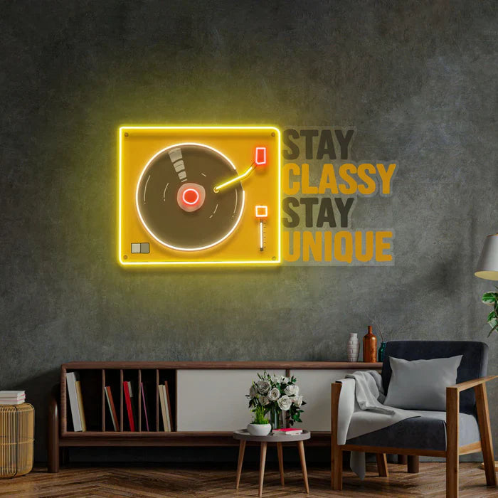 Stay Classy Stay Unique LED Neon Sign in black and yellow color by LEDNeons -designed to add motivation and style to any room.  