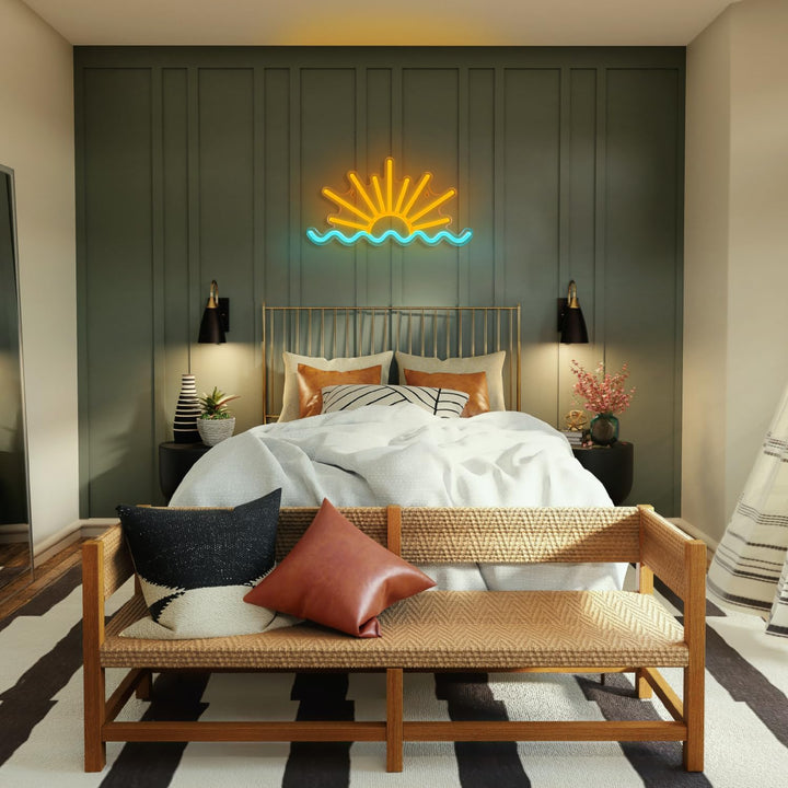 Sunrise Sunset Home" LED neon sign by LEDNeons  - creating a warm and serene ambiance in a cozy home setting.
