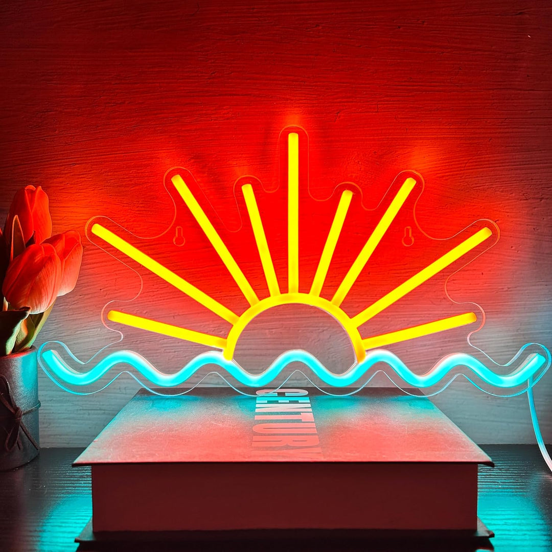 Sunrise Sunset Home" LED neon sign by LEDNeons  - creating a warm and serene ambiance in a cozy home setting.