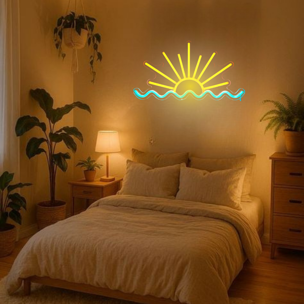"Sunrise Sunset Home" LED Neon sign by LedNeons.com - glowing softly on a wall, creating a warm and serene ambiance in a cozy home setting.