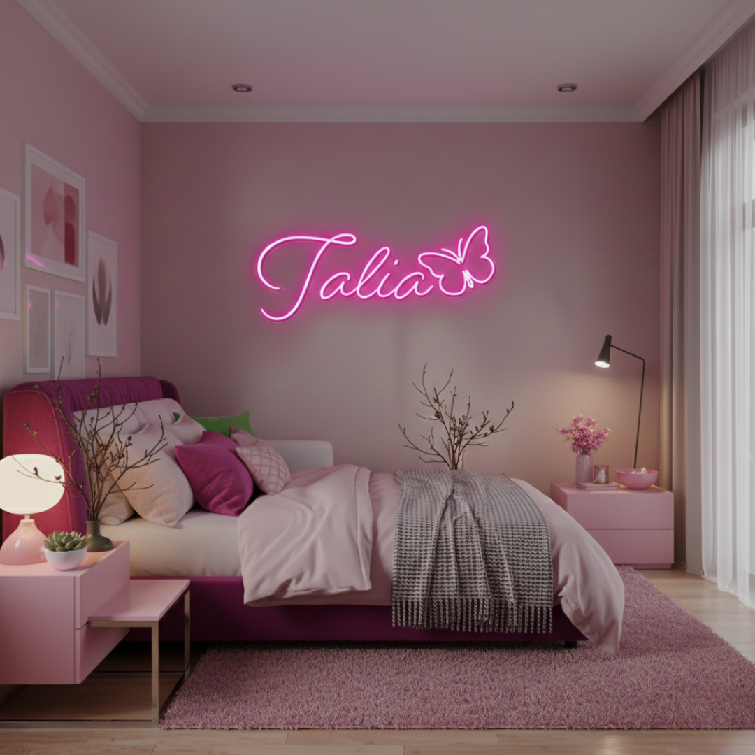 Talia Name LED Neon Sign by LEDNeons - glowing in elegant cursive font on wall backdrop"