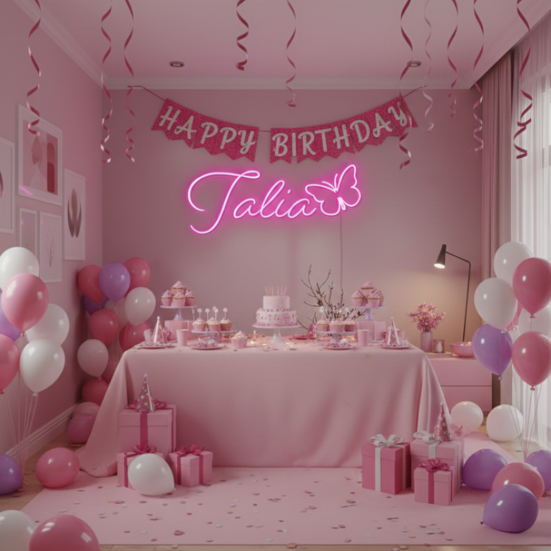 Talia Name LED Neon Sign by LEDNeons - glowing in elegant cursive font on wall backdrop"