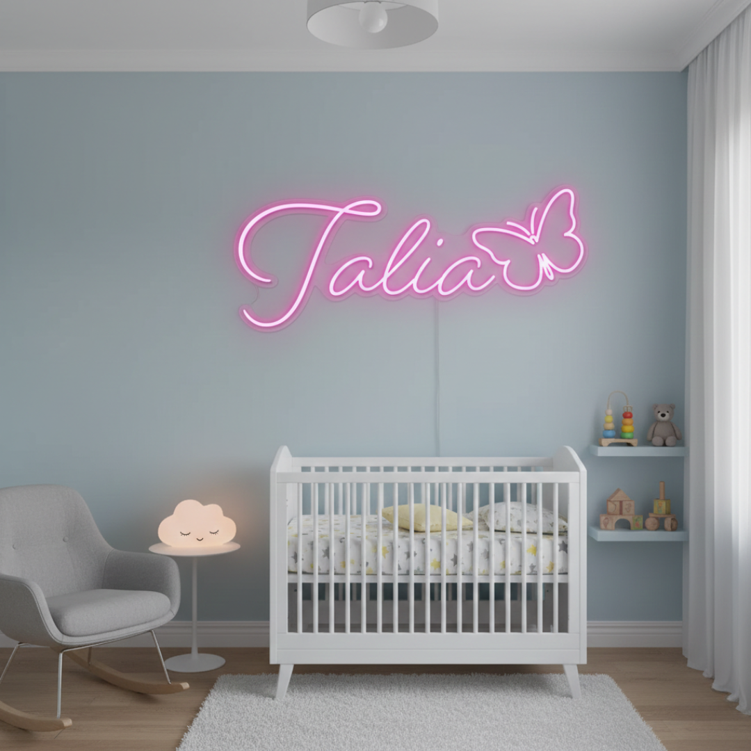 Talia Name LED Neon Sign by LEDNeons - glowing in elegant cursive font on wall backdrop"