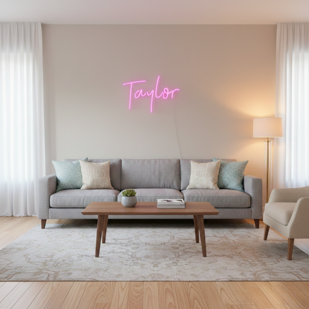 Taylor Name LED Neon Sign by LENeons -  glowing on a wall backdrop