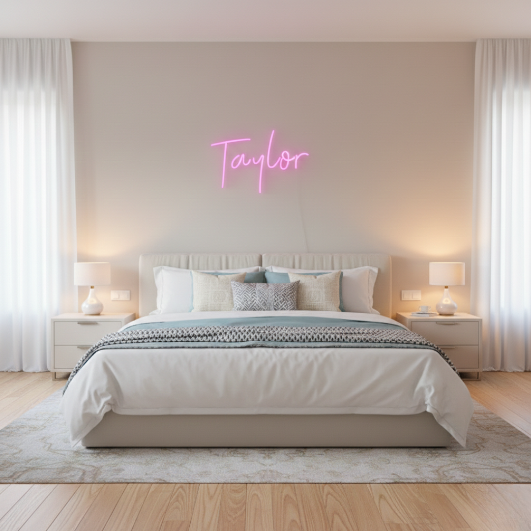 Taylor Name LED Neon Sign by LENeons -  glowing on a wall backdrop