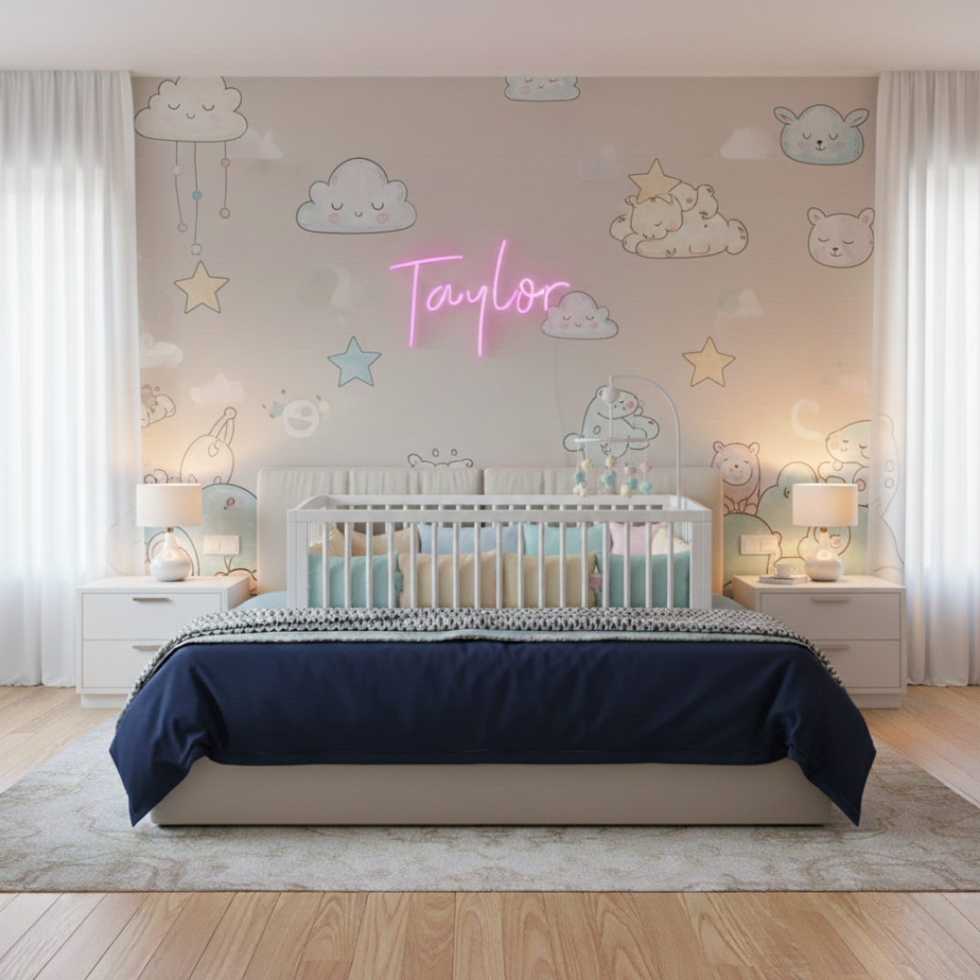 Taylor Name LED Neon Sign by LENeons -  glowing on a wall backdrop