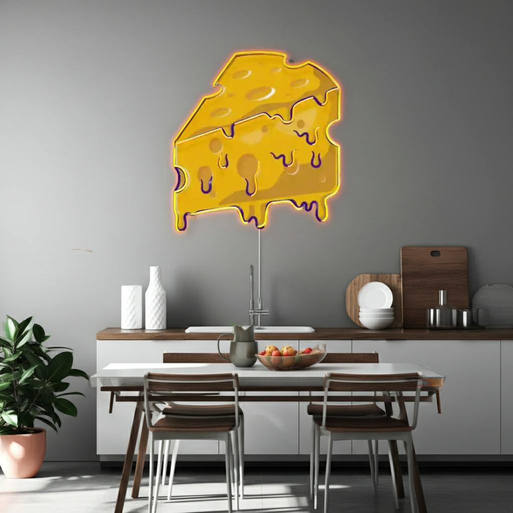 Thick Cheese Slice UV Art LED Neon Sign in golden color by LEDNeons