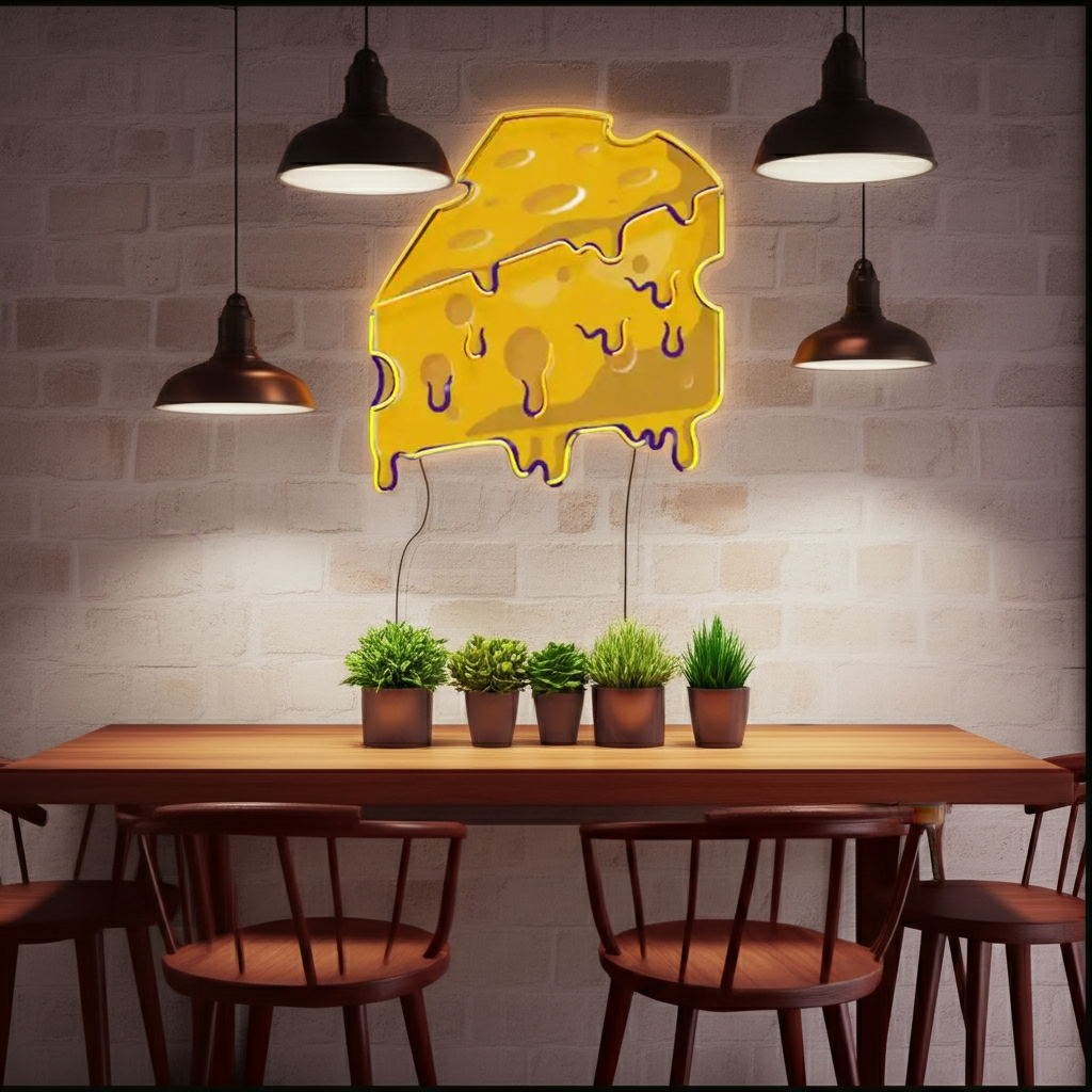 Thick Cheese Slice UV Art LED Neon Sign in golden color by LEDNeons