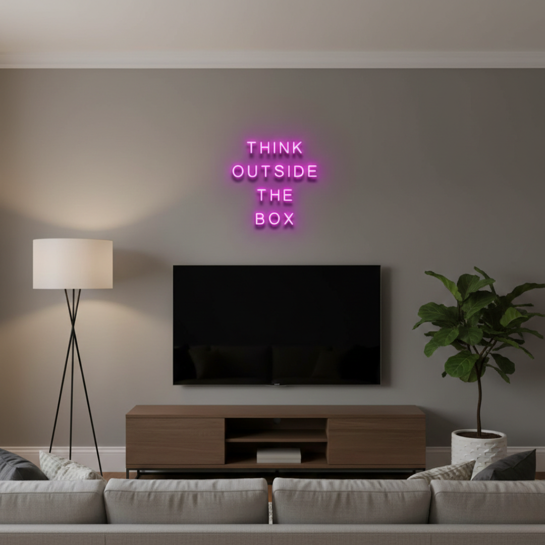 Think Outside The Box Motivational LED Neon Sign by LEDNeons for creative workspace and office décor