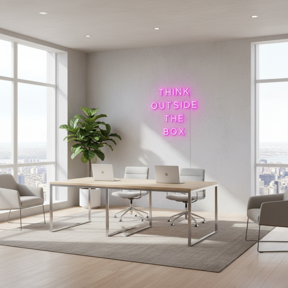 Think Outside The Box Motivational LED Neon Sign by LEDNeons for creative workspace and office décor