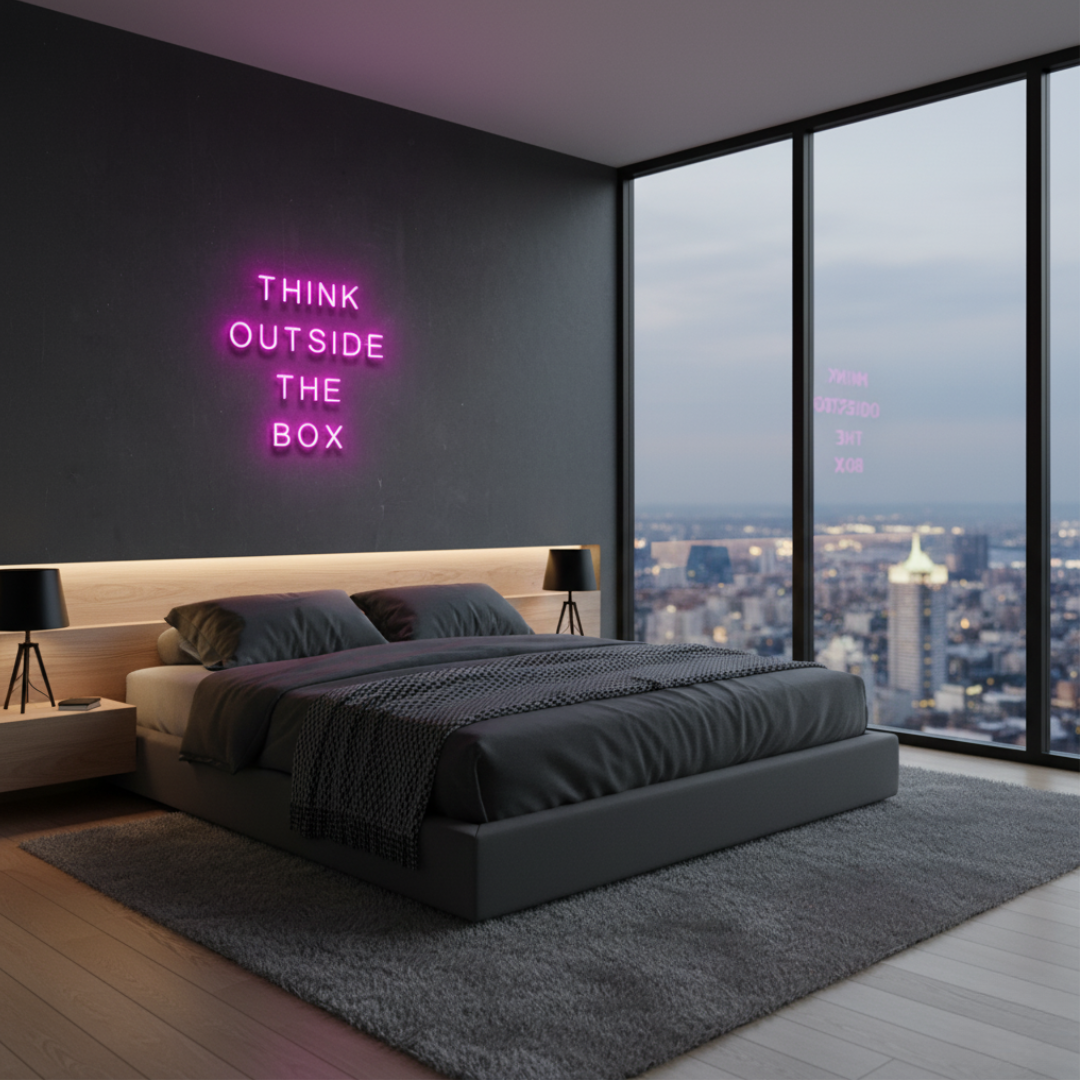 Think Outside The Box Motivational LED Neon Sign by LEDNeons for creative workspace and office décor
