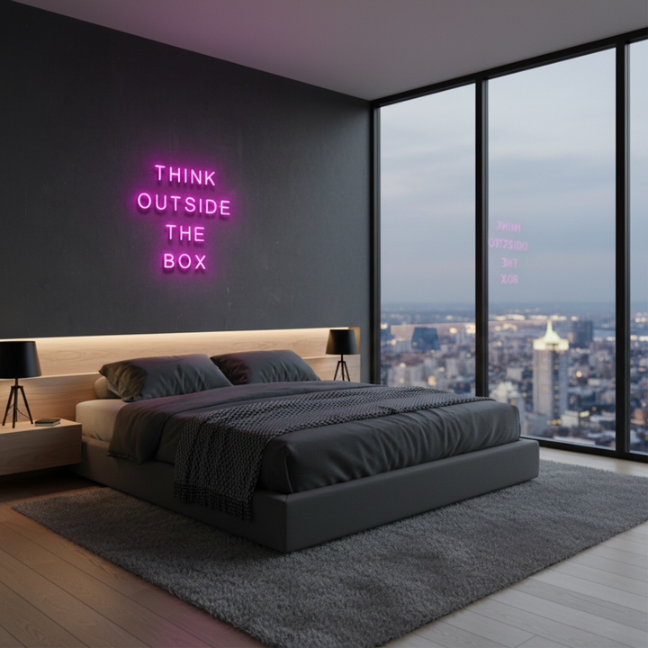 Think Outside The Box Motivational LED Neon Sign by LEDNeons for creative workspace and office décor