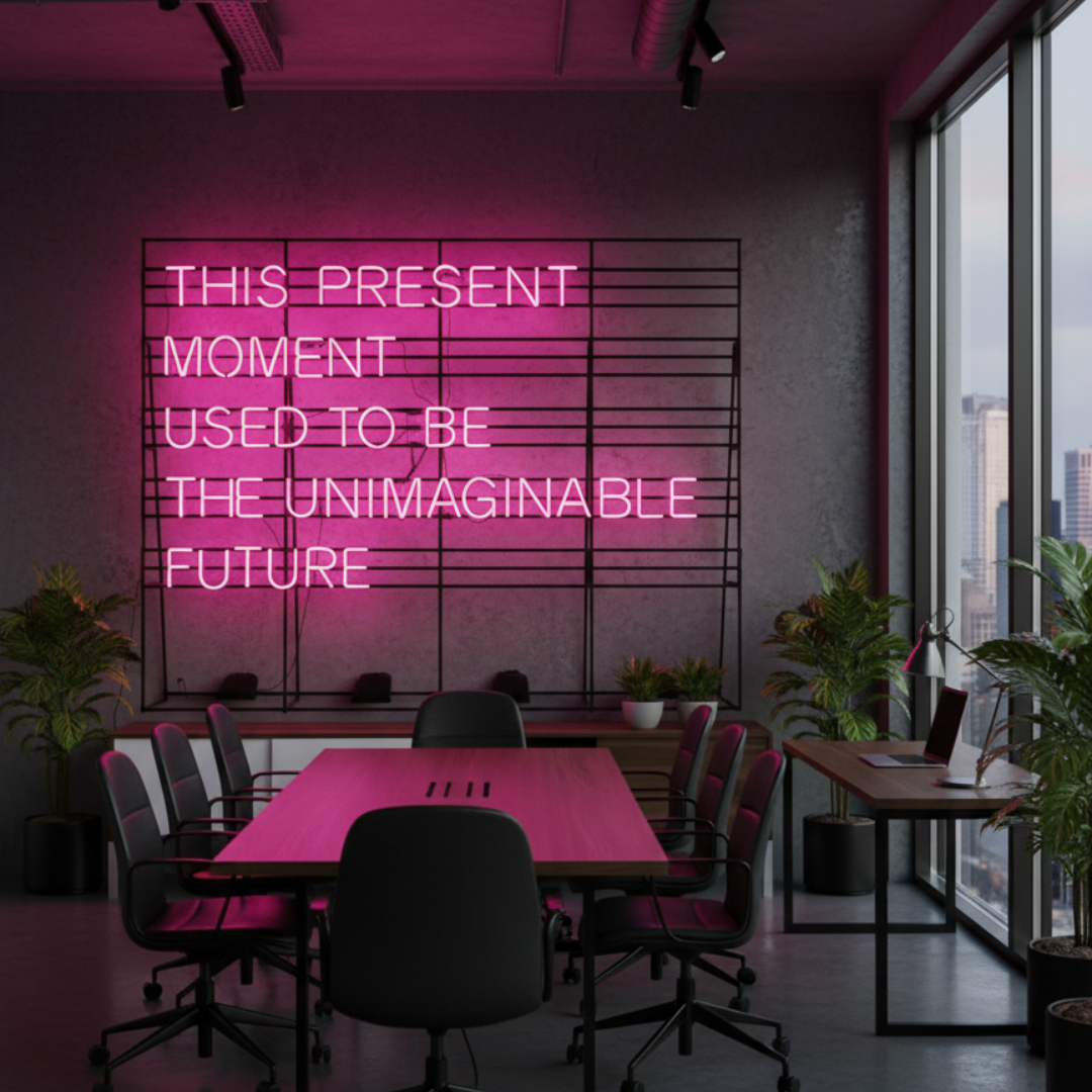 This Present Moment Used To Be The Unimaginable Future inspirational LED Neon Sign by LEDNeons, glowing mindfulness wall light for home or office décor.