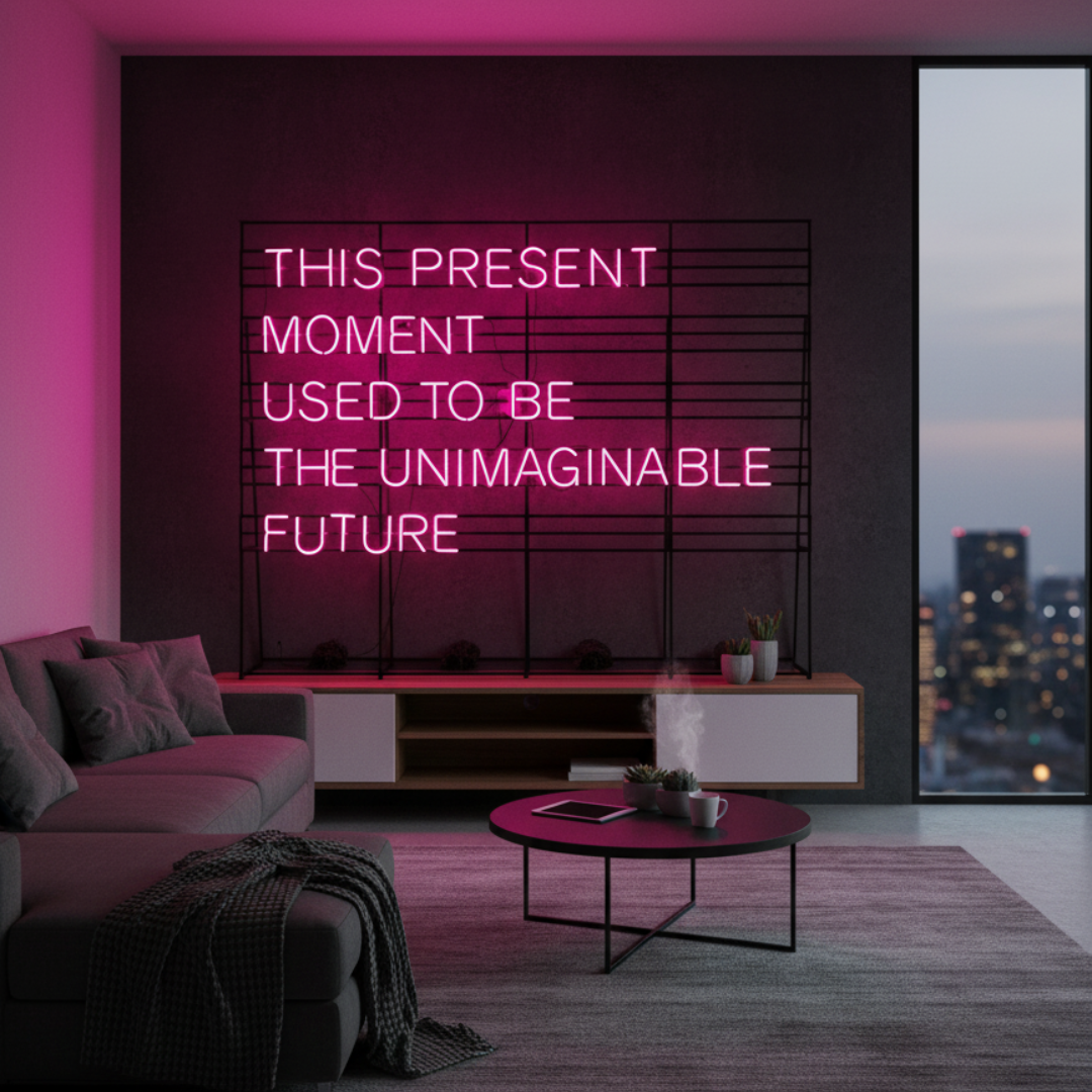 This Present Moment Used To Be The Unimaginable Future inspirational LED Neon Sign by LEDNeons, glowing mindfulness wall light for home or office décor.