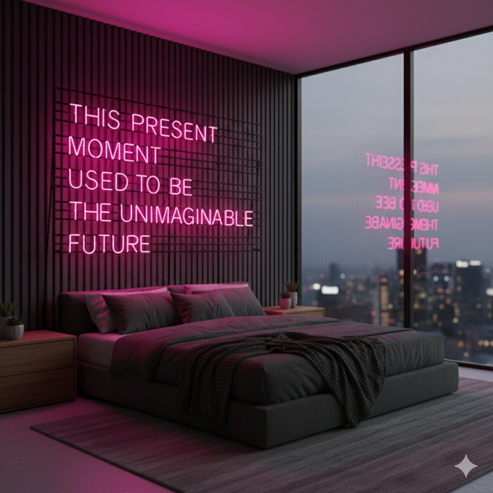 This Present Moment Used To Be The Unimaginable Future inspirational LED Neon Sign by LEDNeons, glowing mindfulness wall light for home or office décor.