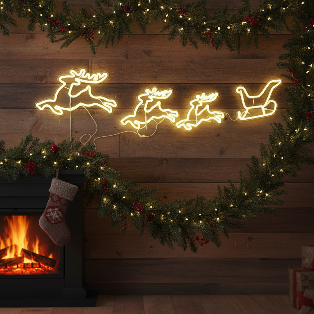 Three Reindeer and Sleigh Neon Sign by LEDNeons  on wood wall 