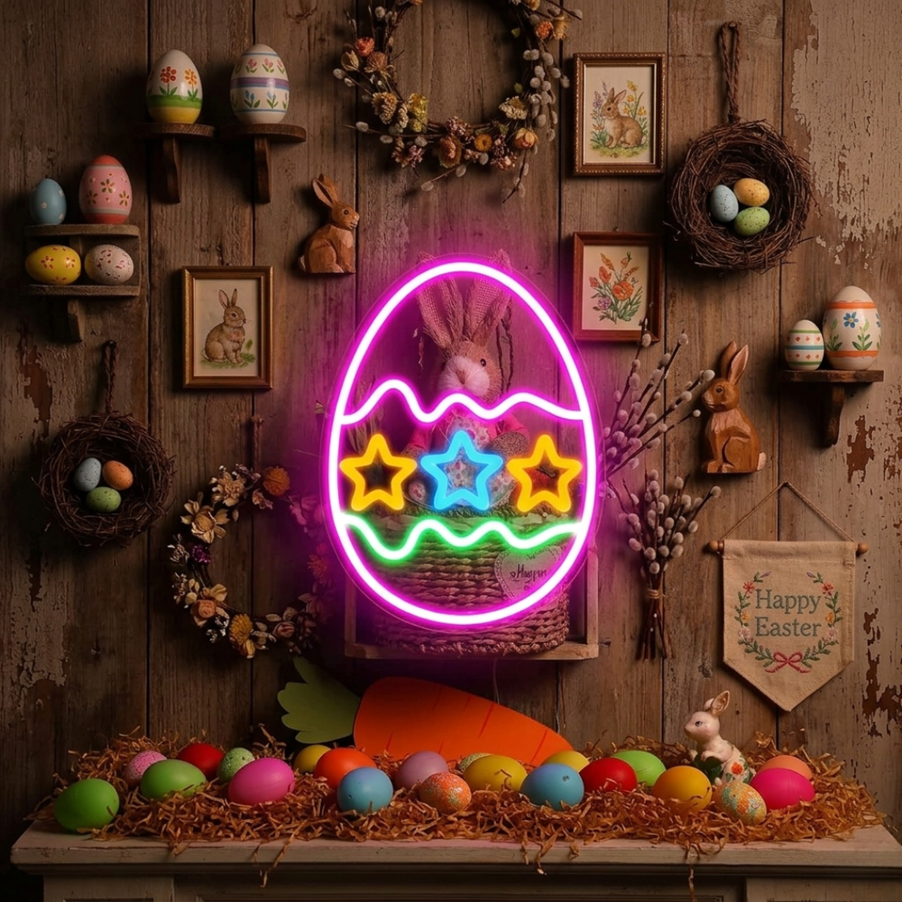 Three Star Easter Egg neon sign glowing on wall for festive décor by LEDNeons