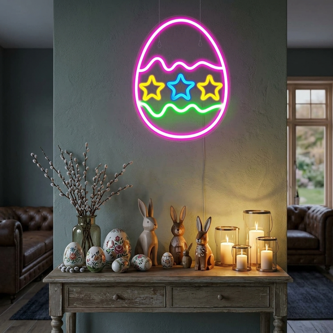 Three Star Easter Egg neon sign glowing on wall for festive décor by LEDNeons