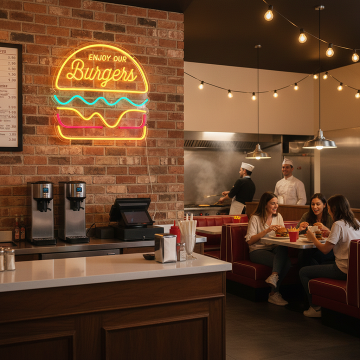 Trendy Burger Neon Sign by LEDNeons - a vibrant LED artwork featuring a glowing burger design