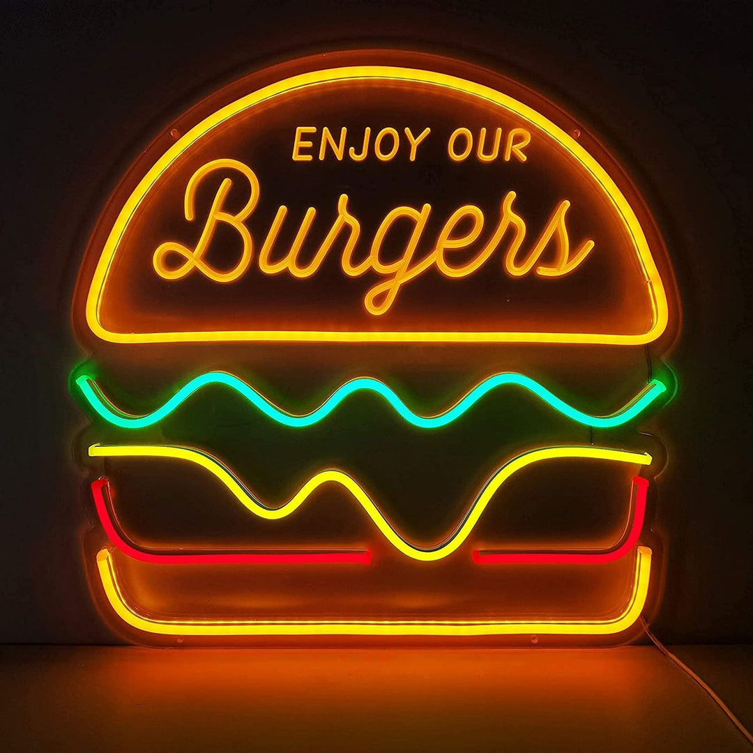Trendy Burger Neon Sign by LEDNeons - a vibrant LED artwork featuring a glowing burger design