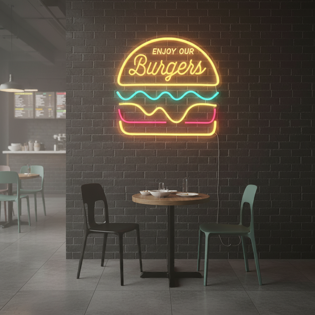 Trendy Burger Neon Sign by LEDNeons - a vibrant LED artwork featuring a glowing burger design