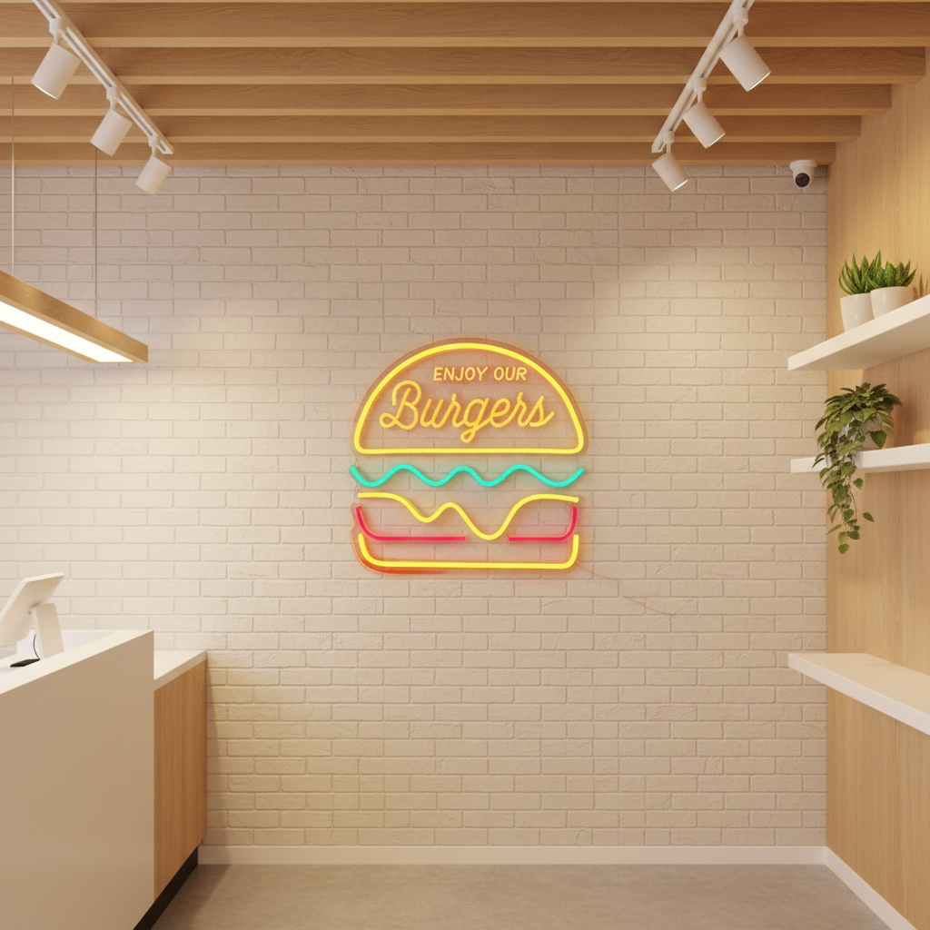 Trendy Burger Neon Sign by LEDNeons - a vibrant LED artwork featuring a glowing burger design