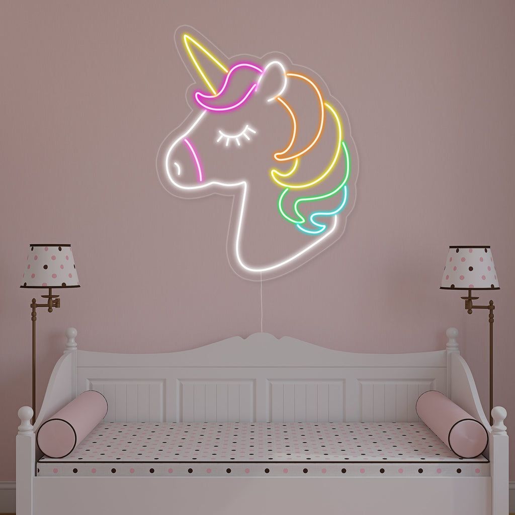 Unicorn LED Neon Sign by LedNeons.com - featuring a glowing pastel outline of a unicorn head