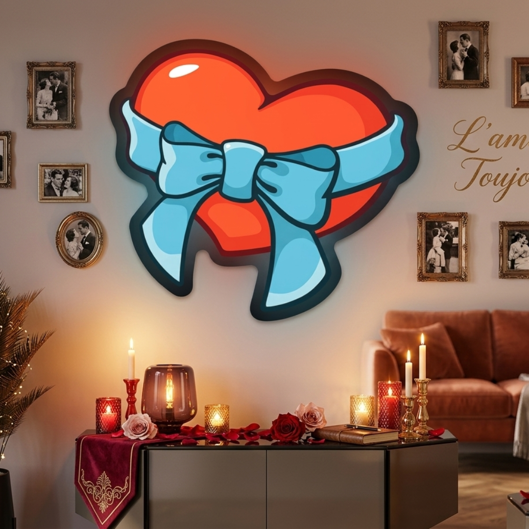 Heart With Ribbon Bow Printed Valentine's Day Neon Sign