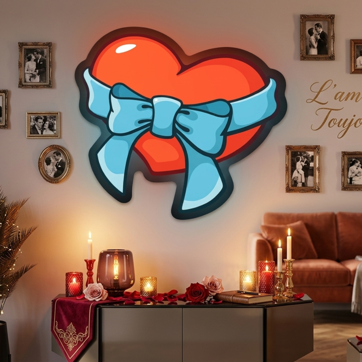 Heart With Ribbon Bow Printed Valentine's Day Neon Sign