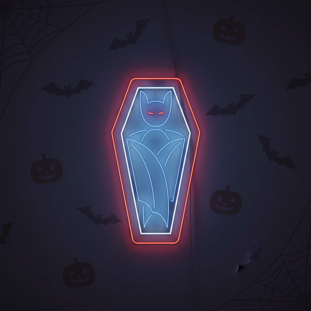 Vampire Coffin Halloween LED Neon Sign glowing in red and white light, featuring a spooky coffin design with vampire-inspired details.