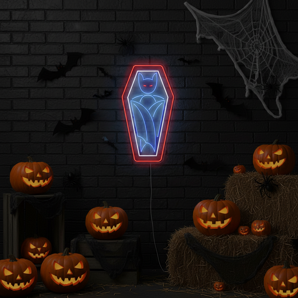 Vampire Coffin Halloween LED Neon Sign glowing in red and white light, featuring a spooky coffin design with vampire-inspired details.