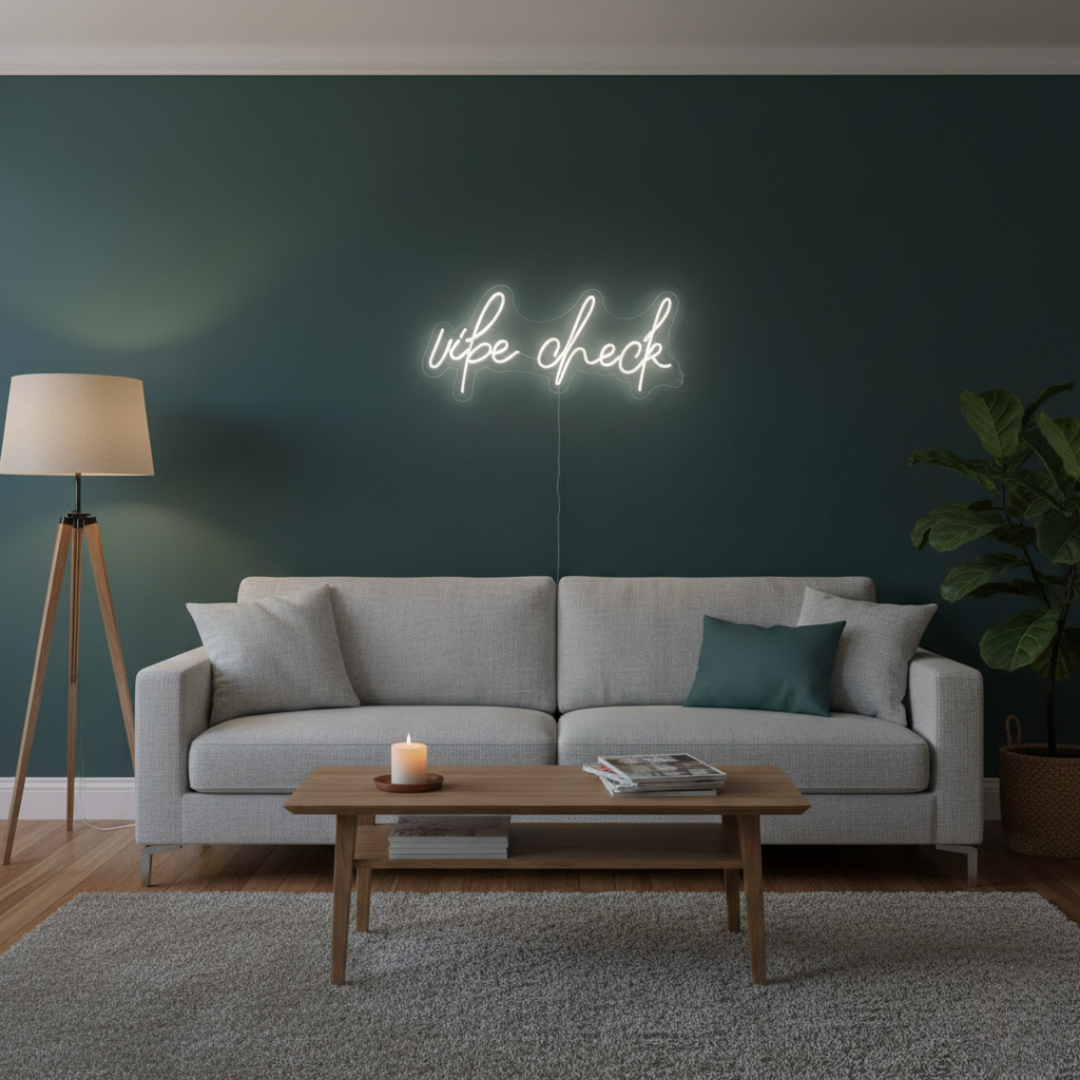 Vibe Check Trendy LED Neon Sign by LEDNeons — a modern neon artwork featuring the phrase “Vibe Check- with dog