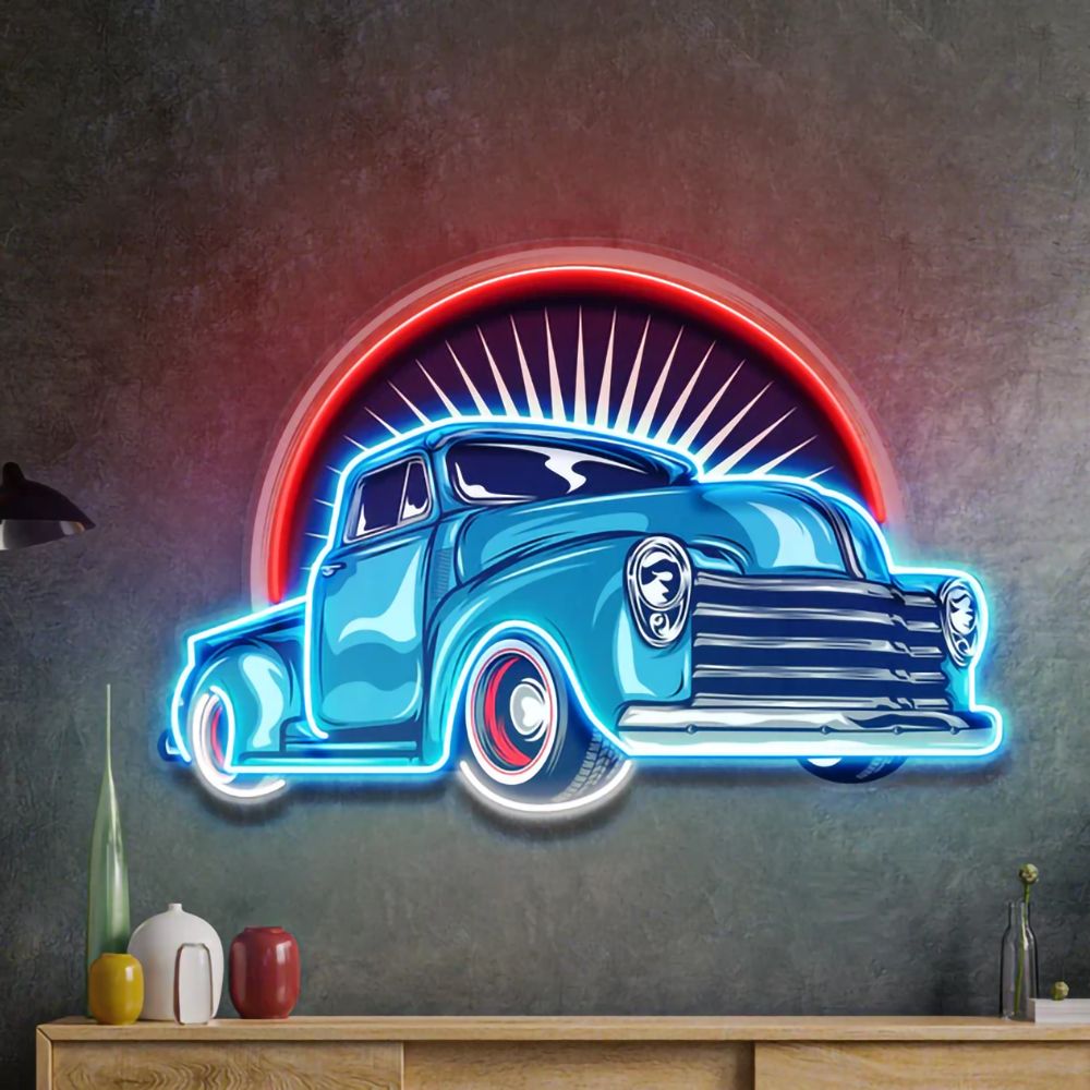 Vintage Pickup Truck UV Art LED Neon Sign in blue and red color by LEDNeons 