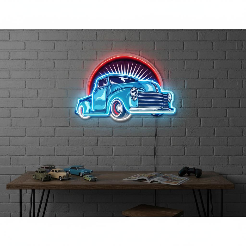 Vintage Pickup Truck UV Art LED Neon Sign in blue and red color by LEDNeons