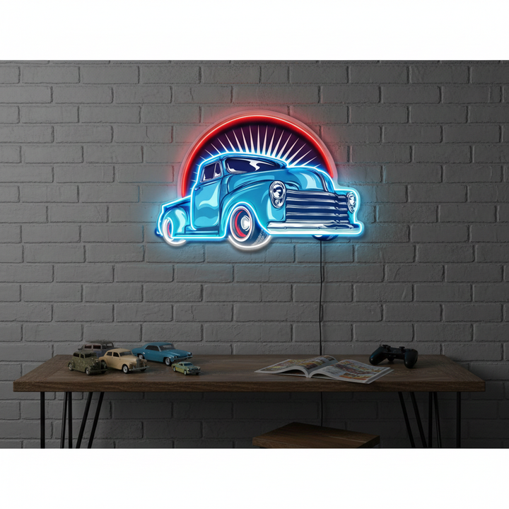Vintage Pickup Truck UV Art LED Neon Sign in blue and red color by LEDNeons