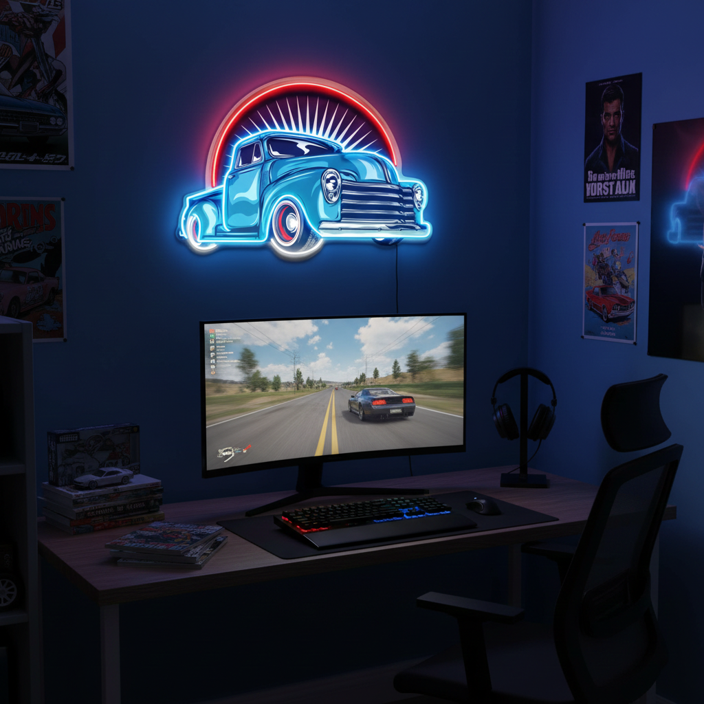 Vintage Pickup Truck UV Art LED Neon Sign in blue and red color by LEDNeon