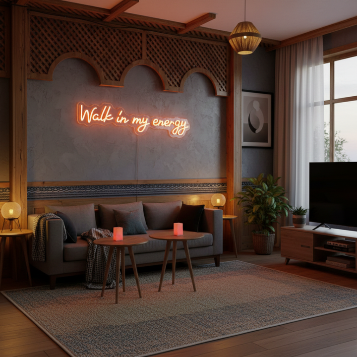 Walk In My Energy LED Neon sign  by LEDNeons - glowing boldly on a wall, adding a confident and empowering vibe to the space.