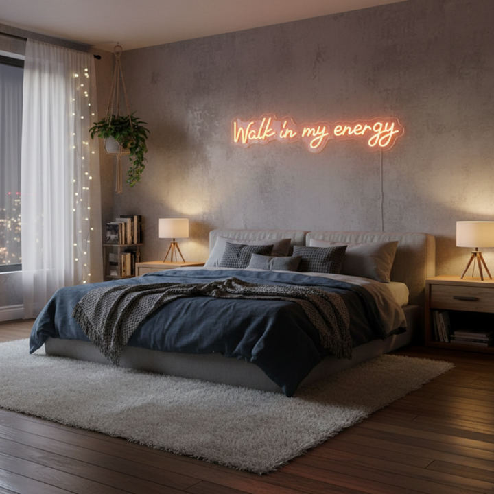 Walk In My Energy LED Neon sign  by LEDNeons - glowing boldly on a wall, adding a confident and empowering vibe to the space.