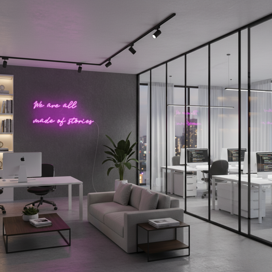 We Are All Made of Stories inspirational LED Neon Sign by LEDNeons, glowing wall light celebrating creativity and individuality.