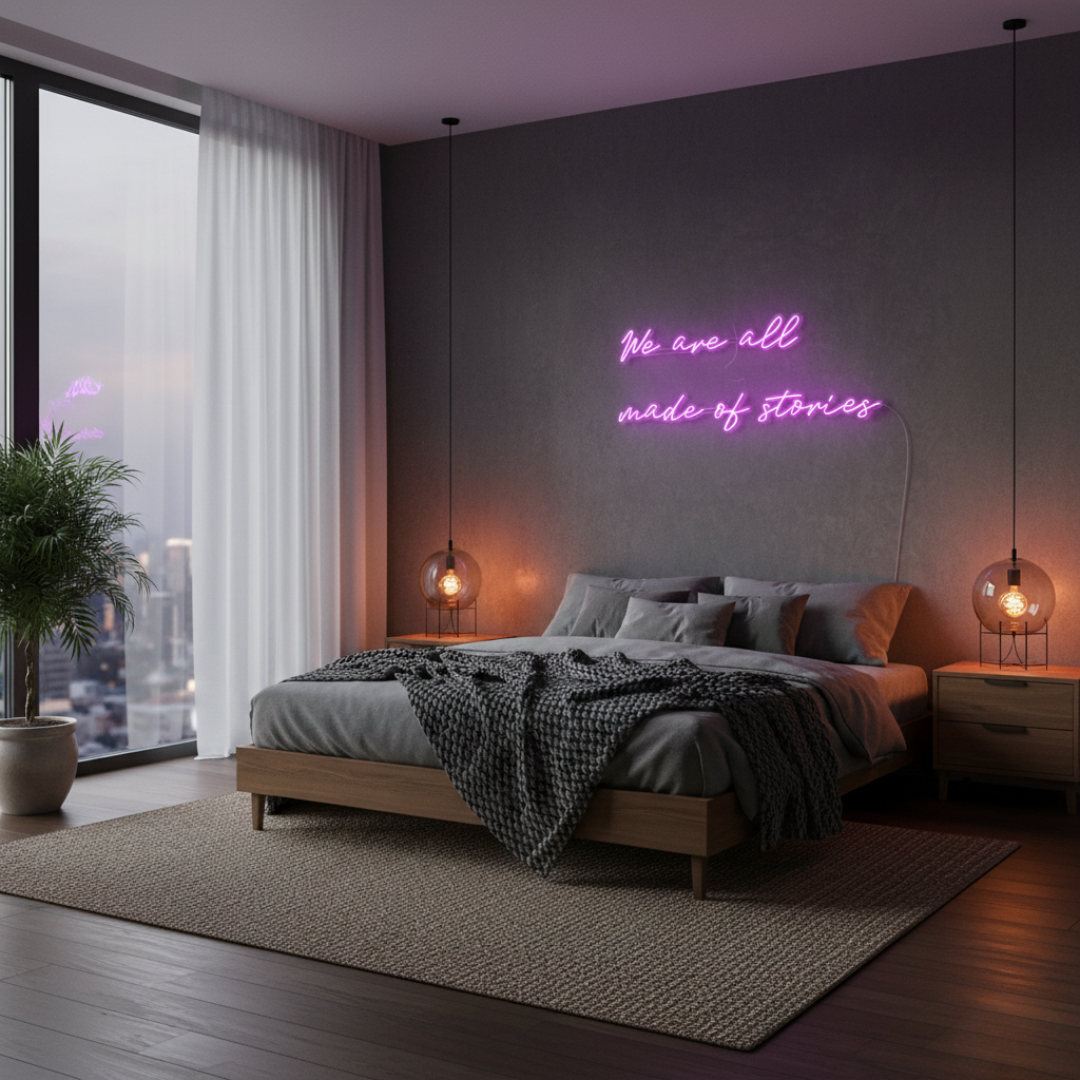 We Are All Made of Stories inspirational LED Neon Sign by LEDNeons, glowing wall light celebrating creativity and individuality.