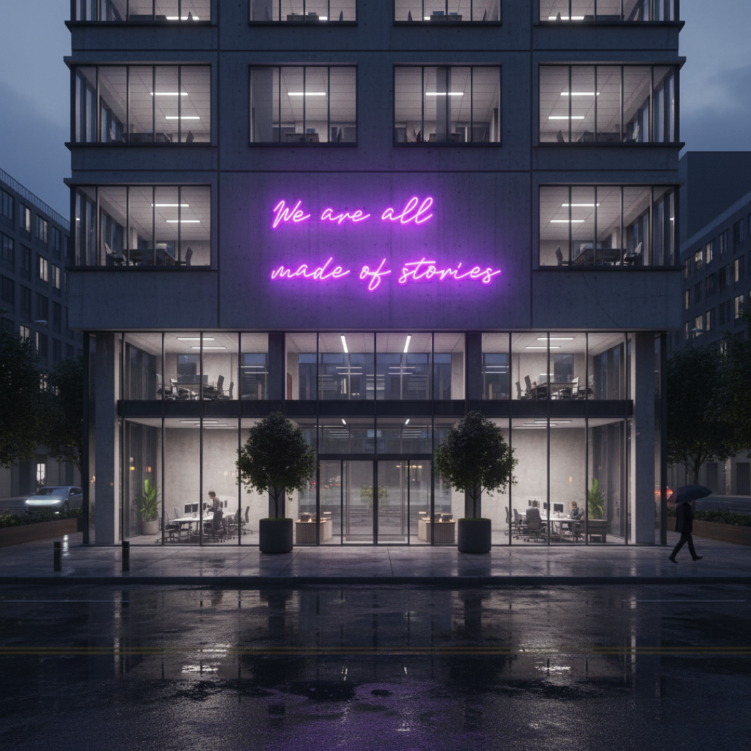 We Are All Made of Stories inspirational LED Neon Sign by LEDNeons, glowing wall light celebrating creativity and individuality.