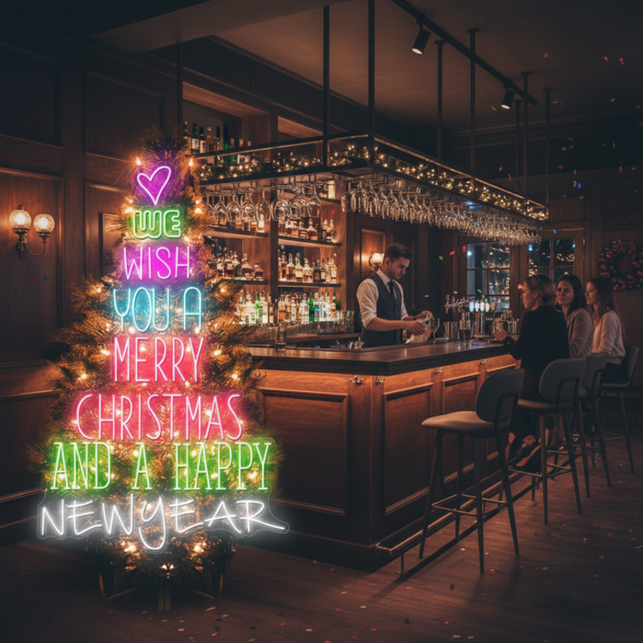 We Wish You a Merry Christmas and Happy New Year Neon Sign by LEDNeons glowing in multicolor lights for festive home and party décor
