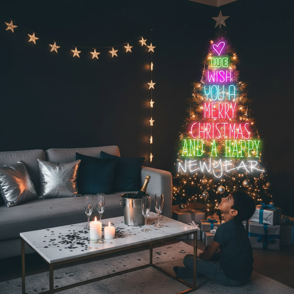 We Wish You a Merry Christmas and Happy New Year Neon Sign by LEDNeons glowing in multicolor lights for festive home and party décor