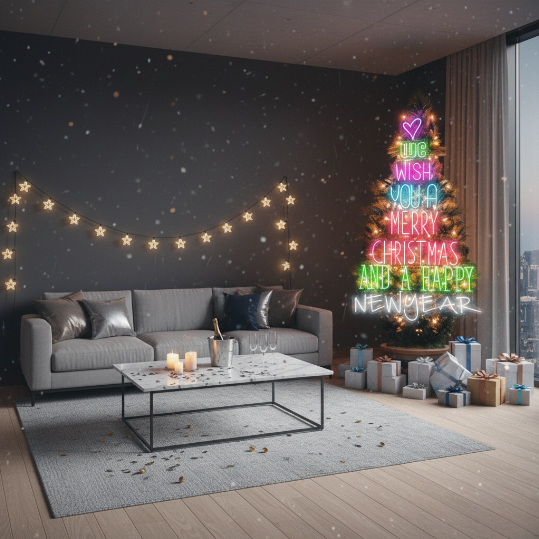 We Wish You a Merry Christmas and Happy New Year Neon Sign by LEDNeons glowing in multicolor lights for festive home and party décor