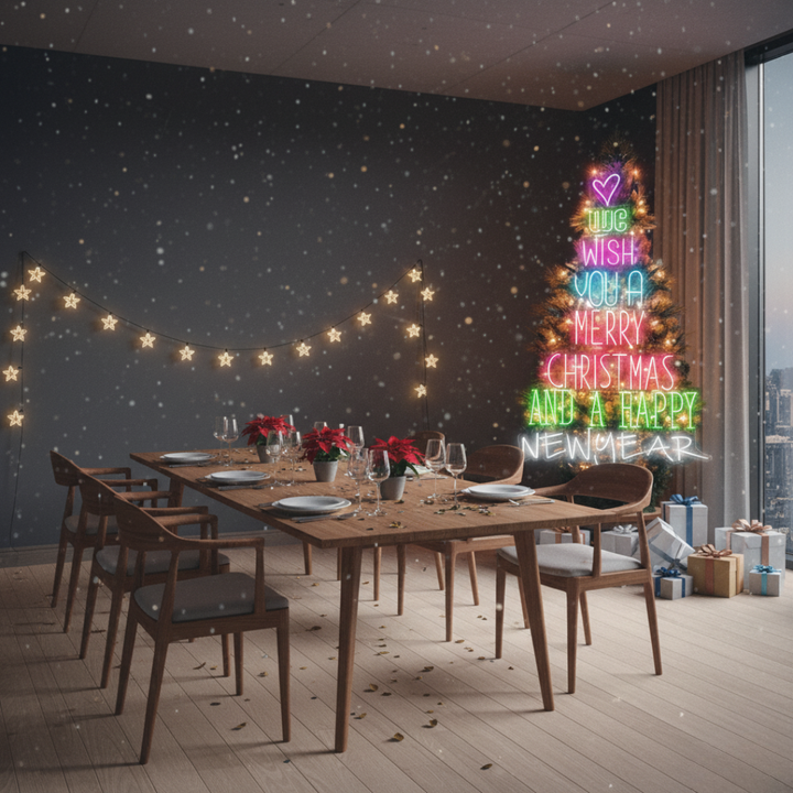 We Wish You a Merry Christmas and Happy New Year Neon Sign by LEDNeons glowing in multicolor lights for festive home and party décor