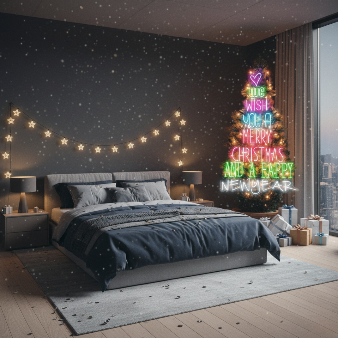 We Wish You a Merry Christmas and Happy New Year Neon Sign by LEDNeons glowing in multicolor lights for festive home and party décor
