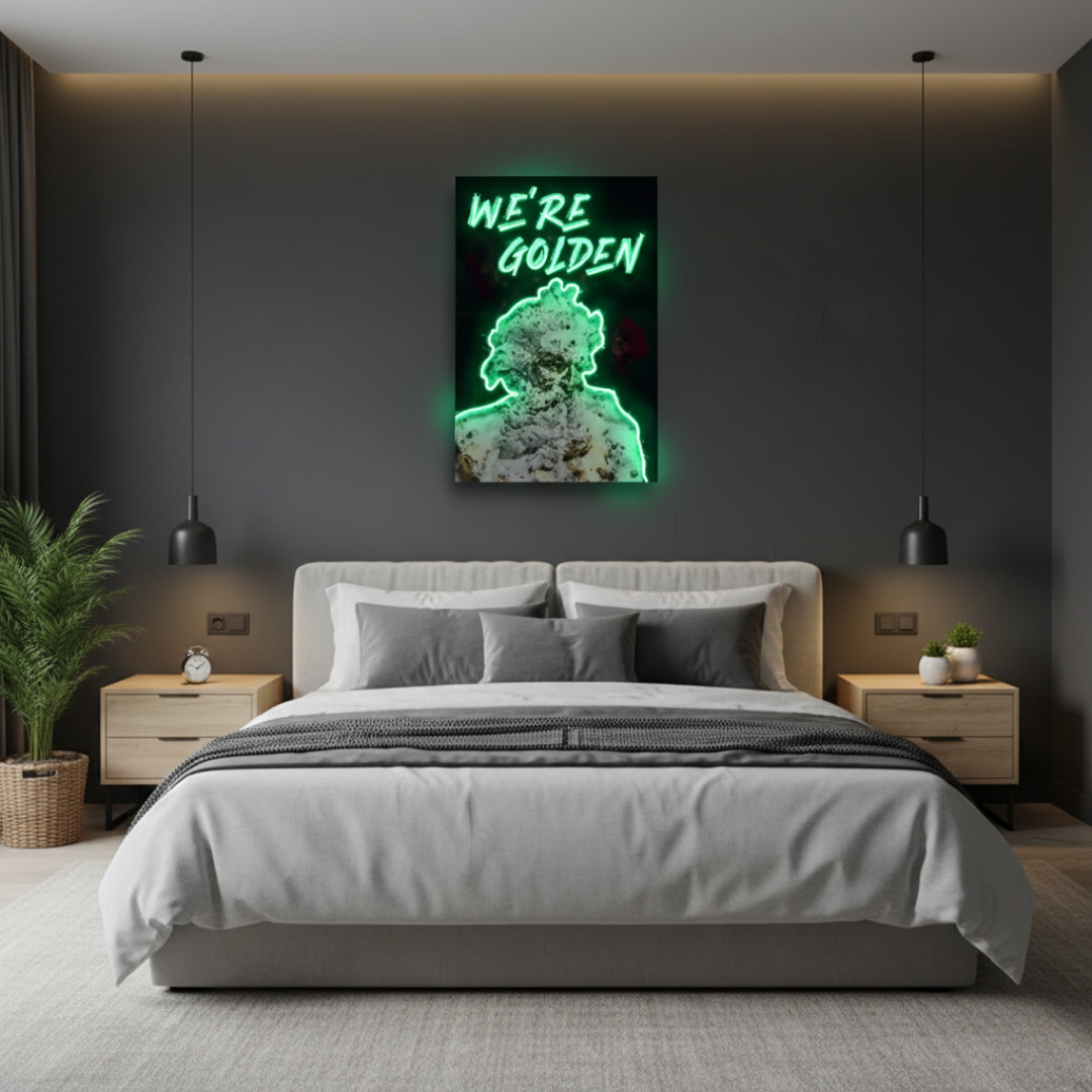 We're Golden UV Art LED Neon Sign by LEDNeons - perfect for uplifting wall décor and modern interiors.