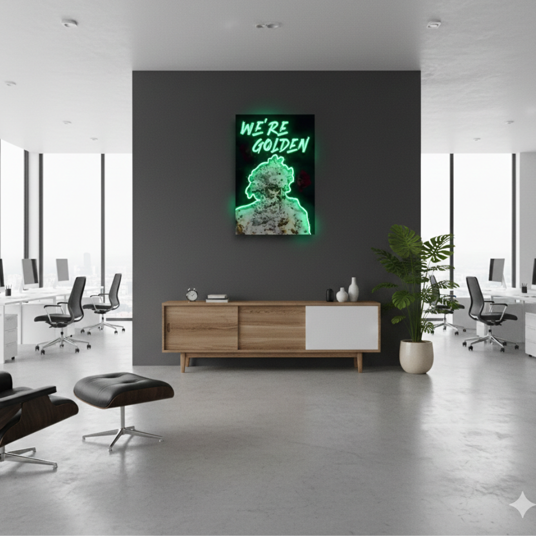 We're Golden UV Art LED Neon Sign by LEDNeons - perfect for uplifting wall décor and modern interiors.