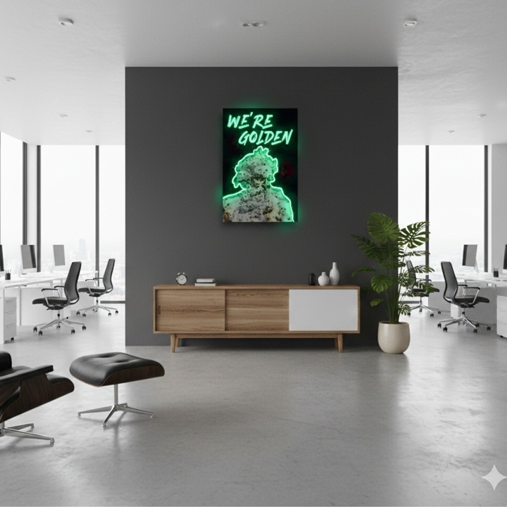 We're Golden UV Art LED Neon Sign by LEDNeons - perfect for uplifting wall décor and modern interiors.
